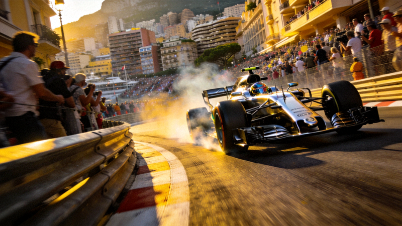 F1摩纳哥街道赛，赛车在狭窄弯道中飞驰的惊险画面
