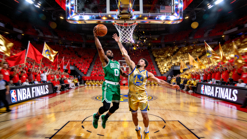 NBA总决赛凯尔特人对阵勇士的激烈比赛现场，球员上篮瞬间